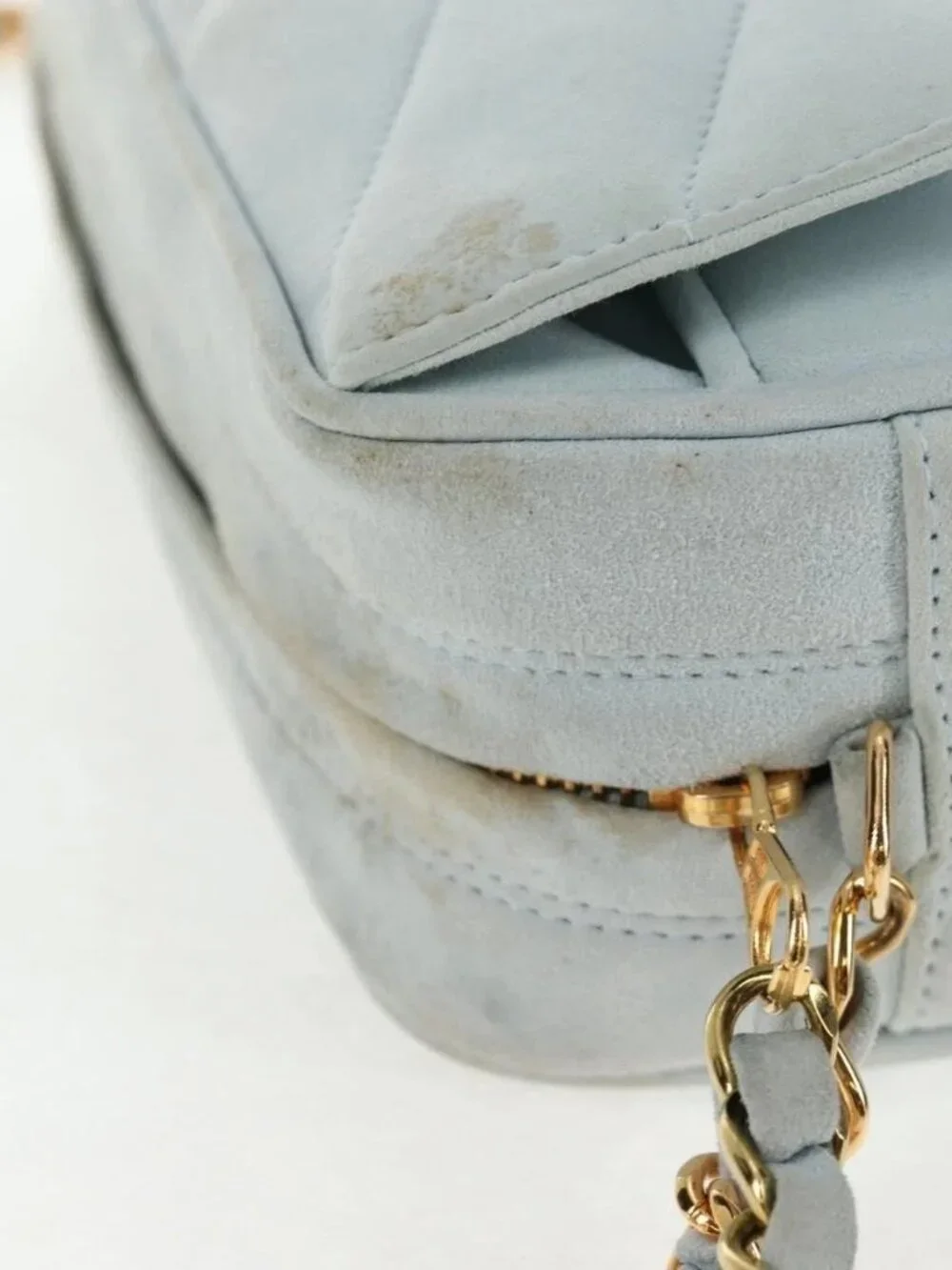 CHANEL Bias Stitch Chain Shoulder Bag Suede Light Blue Gold CC Auth 139935V